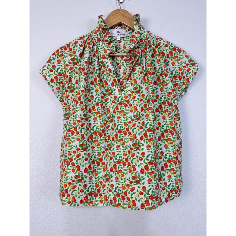 Never A Wallflower Blouse Women's XS White Fruit Print Ruffle High Neck Top